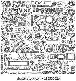 Back to School Sketchy Notebook Doodles with Flowers, Shapes, Hearts, Stars, Arrows and More- Hand-Drawn Vector Illustration Design Elements on Lined Sketchbook Paper Background