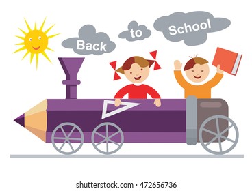 Back to School.
Small boy and girl ridden in the crayon-locomotive. Vector available.
