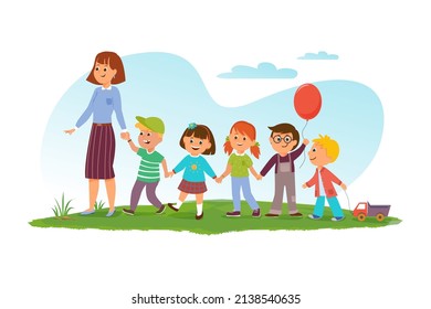 Back to school. Small children follow the teacher and hold hands. Lang banner. Template for the design. Funny cartoon characters. Vector illustration. Isolated on a white background