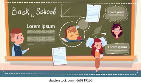 Back To School Small Girl And Boy Standing Over Class Board Schoolgirl And Schoolboy Education Infographic Banner Flat Vector Illustration