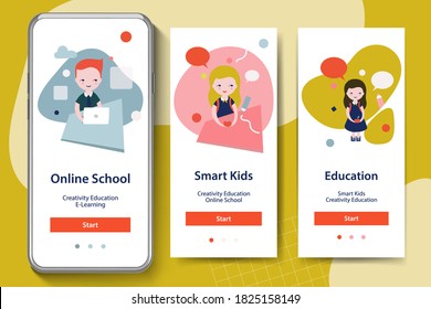 Back to School, Smart Kids, Online Education. Onboarding screens for mobile app templates concept. Vector illustration