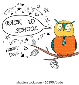 Back to school. A smart owl in a tie and two small, cute owls are sitting on a tree branch. Beautiful cartoon doodle owls in sketch style. Vector illustration in trendy arch tones.
