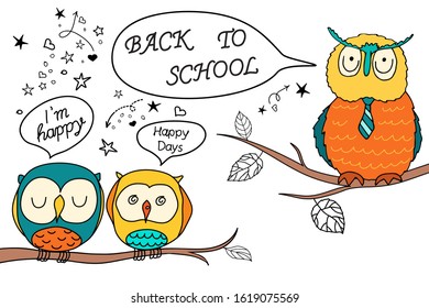 Back to school. A smart owl in a tie and two small, cute owls are sitting on a tree branch. Beautiful cartoon doodle owls in sketch style. Vector illustration in trendy arch tones.