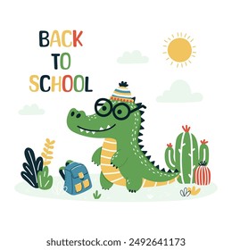 Back to school. A smiling crocodile in glasses and a cap is ready for school.