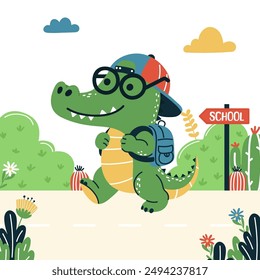 Back to school. Smiling crocodile in glasses and a cap goes to school.