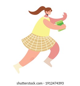 back to school, smiling student running with book vector illustration