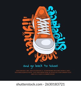De volta à escola. tênis em design de desenho animado com tipografia simples para o modelo de anúncio. Design de desenho animado de sapatos de tênis 