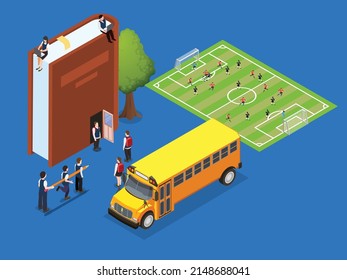 De vuelta a la escuela - escuela con campo de fútbol y bus escolar isométrico 3d concepto de ilustración vectorial