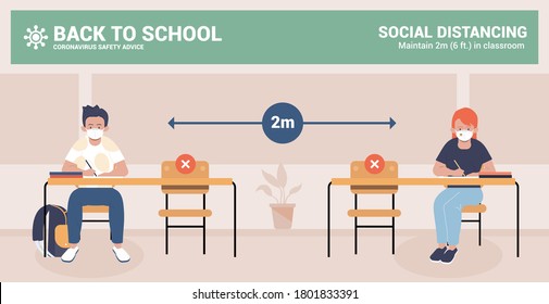 Back to school. Social distancing and coronavirus covid-19 prevention. Keep distance in classroom to protect from COVID-19 coronavirus outbreak spreading concept. Vector Illustration
