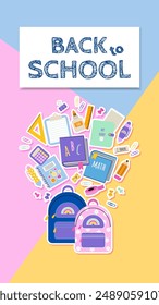 Back to school social media banner template with title and colorful elements school supplies. Vector illustration in a flat style.
