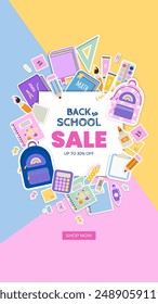Back to school social media banner template with title and colorful elements school supplies. Vector illustration in a flat style.
