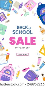 Back to school social media banner template with title and colorful elements school supplies. Vector illustration in a flat style.
