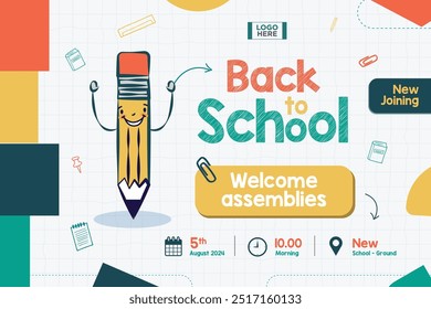 Anuncio de redes sociales de regreso a la escuela. Anuncio de la hora escolar con fecha, hora y lugar para los niños de la escuela creativo para el cartel de las redes sociales con coloridos Elementos de Vector escolar