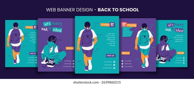 Back to school. Social media banner template with go to school illustration in flat cartoon design. back to school banner template