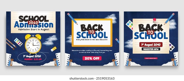 Back to School Social Media Design with Alarm Clock and Typography Letter on Chalkboard Background