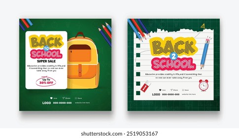 Back to School Social Media Design with Alarm Clock and Typography Letter on Chalkboard Background