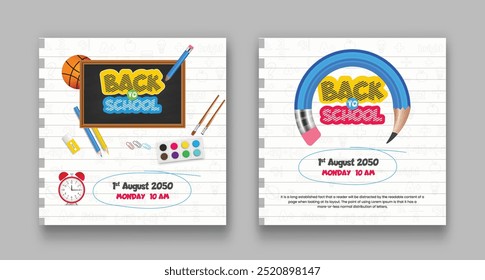 Back to School Social Media Design with Alarm Clock and Typography Letter on Chalkboard Background