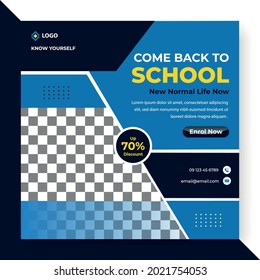 Back to School social media post template design, New School admission banner template, education online e-learning square flyer