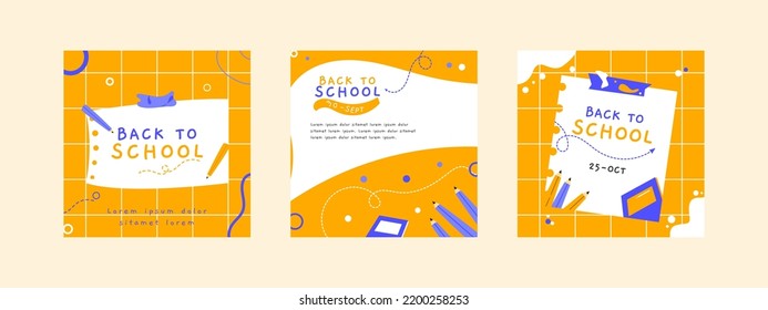 Back to school social media post templates with yellow, blue, purple, white color. Usable for your flyer, template, post, business.