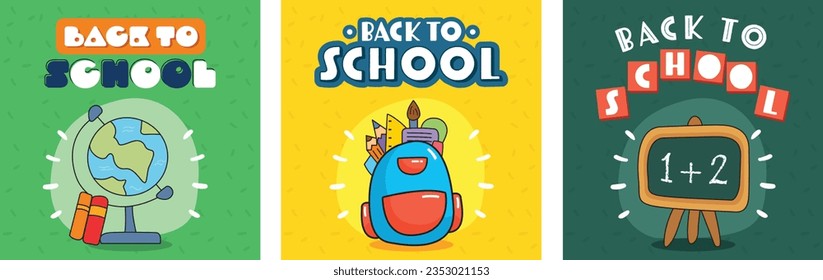 Back to school social media post design. Education teaching vector set. For web ads, postcard, card, social media. School bag, world, books, blackboard. Back to school typography.