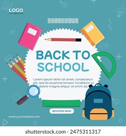 Back to school social media post template design. Kids back to school education square poster.