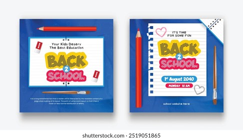 Back to school social media post template set. checkered paper learning elements icons for educational background. vector illustration back to school banner