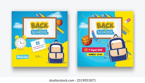 Back to school social media post template set. checkered paper learning elements icons for educational background. vector illustration back to school banner