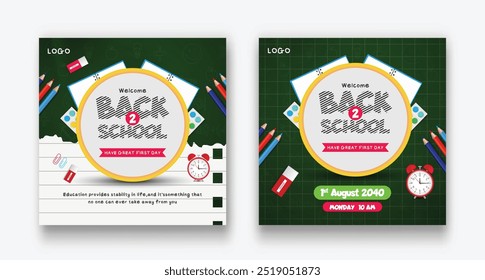 Back to school social media post template set. checkered paper learning elements icons for educational background. vector illustration back to school banner