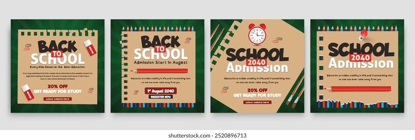 Back to school social media post template set. Back to school admission promotion banner.