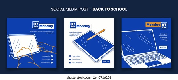 Back to school. Social media post template with tablet vector illustration in blue monochrome design. Back to school banner campaign