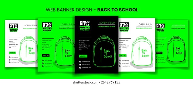 Back to school. Social media post with line art of school bag in black green white design. Back to school banner post template