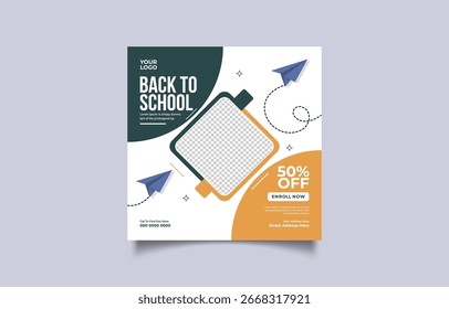 Regreso a la escuela Diseño de redes sociales con aviones de papel y descuento ofrecen una Plantilla creativa para campañas de marketing educativo