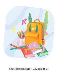 Volver a la plantilla de medios sociales de la escuela Ilustración de dibujos animados con icono de vuelta a la escuela Conjunto