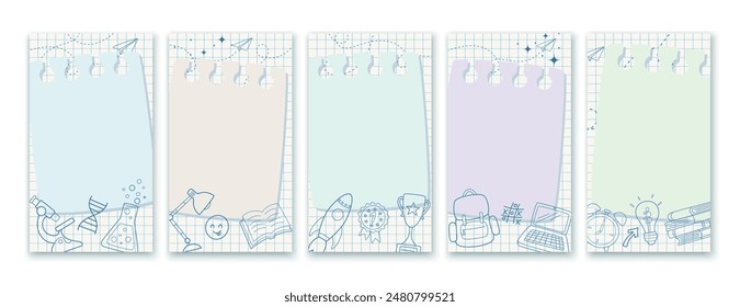 Back to School Social Media Template Set. School supplies doodle in notebook. Vector illustration.
