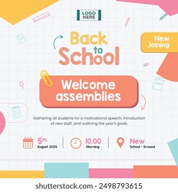 Back to School Social Media Template. School Time Announcement with date time and venue for school kids creative for social media poster with colourful school vector elements. students inviting poster