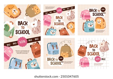 Back to school social media template set. Trendy school promotion posters with school backpacks. Flat vector illustration.
