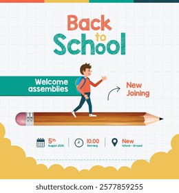 Back to School Social Media Template. School Time Announcement with date time and venue for school kids creative for social media poster with colourful school vector elements. pencil - Boy