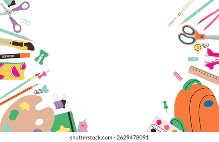 Voltar para o Modelo de Mídia Social da Escola. School Time Announcement .suplementos no fundo branco , ilustração plana bonito desenhado à mão . Eduque o tempo, de volta à escola.