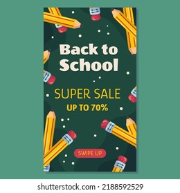 Back to school social media vertical template for sale with classic yellow pencil with eraser on it. The pencils are arranged in a circle against a green school chalkboard.