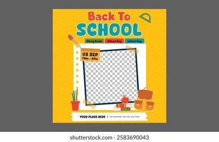 Back To School Socials Media.  School limited time offer discount text in notebook paper with pencil, bulb and paper airplane educational items clearance shopping.