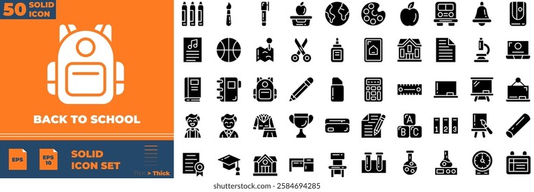 Back To School Solid Editable Icons set. Vector illustration in modern thin solid style of back to school icons: school, study, education, etc