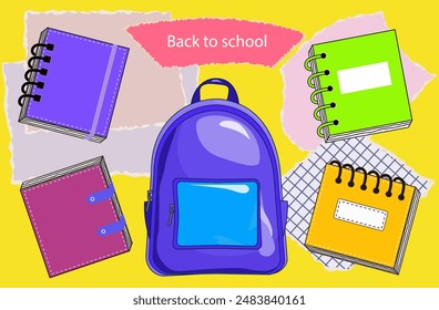 Back to school soon. School bag with notebooks. Time for training, education. Backpack with books, diary and magazine. The concept of education and gaining new knowledge. Vector illustration.