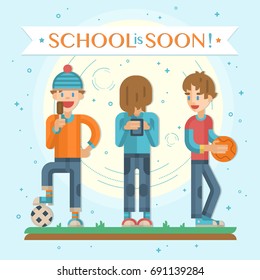 Back to school soon leaflet, banner with group of happy teenagers having fun. Playing basketball, football and phone games and enjoying time together. Teenagers activities in vector.