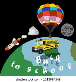 back to school in space with balloon and school bus and rocket with the moon.