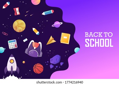 Back to school. Space, rocket, planets and the universe. Template for banner, presentation, landing, sale, poster. Vector cartoon illustration