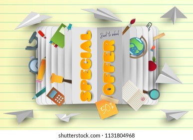 Back to school special offer banner in paper cut cartoon trendy craft style. Modern origami teaching, education and learning symbol design. Concept background with open book. Vector illustration.