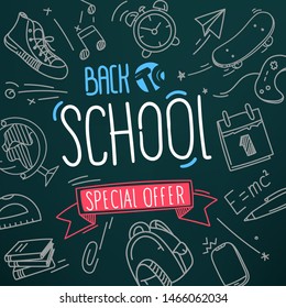 Back to school. Special offer banner. Vector illustration with doodle elements
