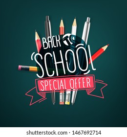 Back to school. Special offer banner. Vector illustration with doodle elements