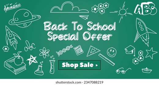 Back to school, special offer. Green board and children's drawing with chalk, in the center the inscription - Back to school. Vector.