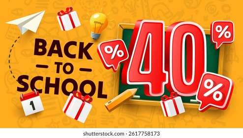 Back to School special offer, Sale 40 percent. Vector illustration 
